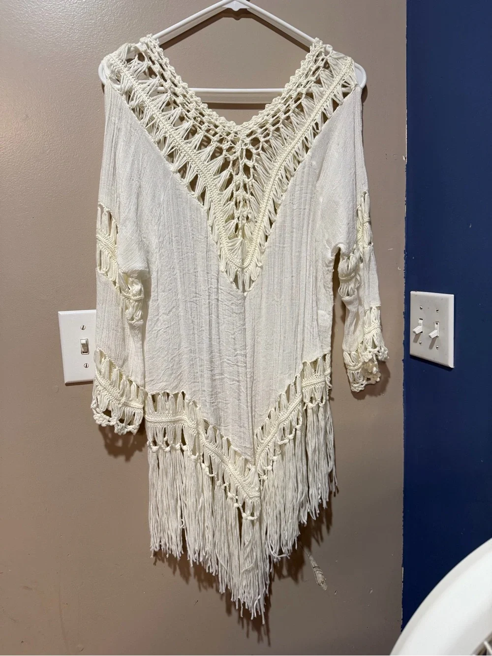 Forever 21 Cream Crochet Fringe Swim Coverup Poncho M